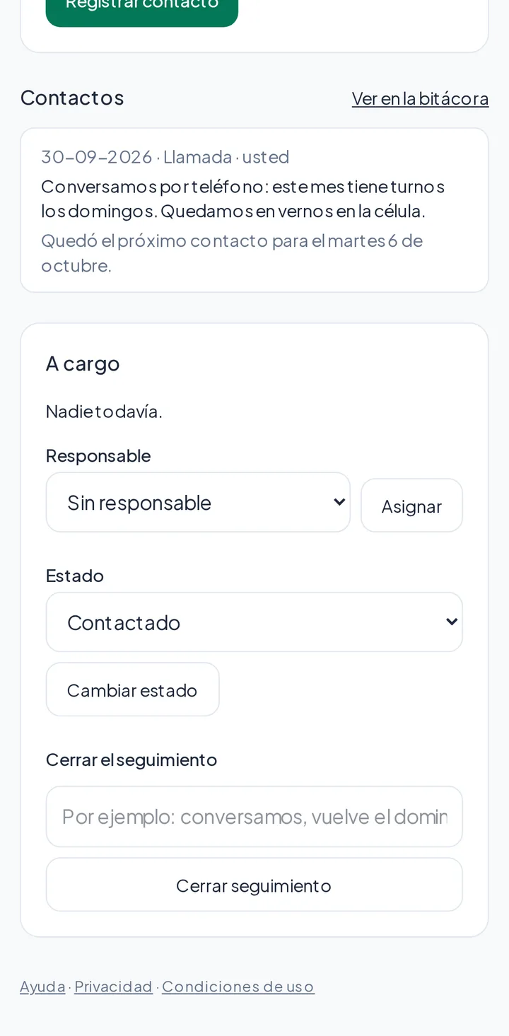 La bitácora de acompañamiento de una persona en Rebaño, con una llamada registrada y el próximo contacto.